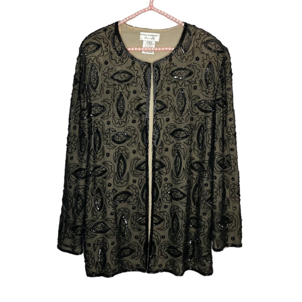 Vintage Adrianna Papell Boutique Evening L Black Beige Embellished Silk Jacket